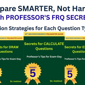 May include: Image of educational materials with the text "Prepare SMARTER, Not Harder with PROFESSOR'S FRQ SECRETS." The image features three book covers with titles like "Secrets for DRAW Questions" and "Secrets for CALCULATE Questions."
