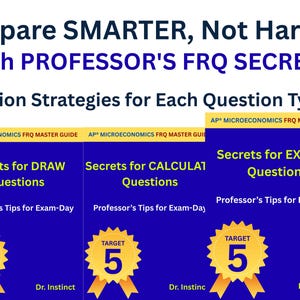 May include: A blue graphic with text that reads "Prepare SMARTER, Not Harder with PROFESSOR'S FRQ SECRETS." Below are sections titled "Secrets for DRAW Questions," "Secrets for CALCULAT Questions," and "Secrets for EXPLAIN Questions."