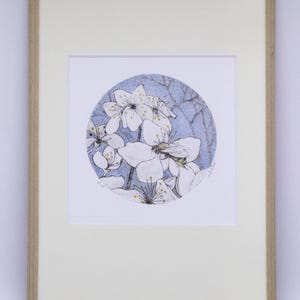 Könnte beinhalten: Gerahmtes Kunstwerk mit einer detaillierten Illustration weißer Blüten mit gelben Zentren und einer Biene, vor einem hellblauen Hintergrund. Das Kunstwerk befindet sich in einem weißen Passepartout und einem hellbraunen Holzrahmen.