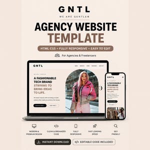 May include: A promotional image for an agency website template. The design features a laptop and smartphone displaying the website's interface. The text includes "Agency Website Template", "HTML CSS", and "Fully Responsive". The website showcases a fashionable tech brand.