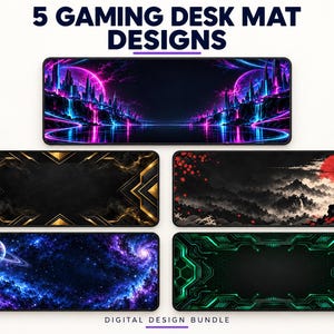 Könnte beinhalten: Fünf rechteckige Gaming-Schreibtischunterlagen mit verschiedenen Designs: eine Neon-Stadtlandschaft, schwarz-goldene geometrische Muster, eine Samurai-Silhouette mit roter Sonne, eine violette Galaxie und ein grünes digitales Schaltkreis-Muster.