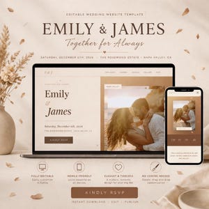 May include: An editable wedding website template featuring the names "Emily & James" with the text "Together for Always." The design includes a laptop and a smartphone displaying the website layout, with icons indicating features like mobile-friendliness and easy customization.