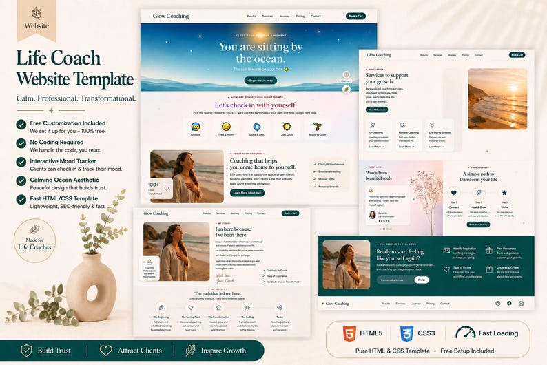 HTML5 and CSS3 life coach website template, fast loading and responsive coaching website design with interactive mood tracker feature, clean secure web design files.