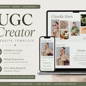 May include: A digital website template for UGC creators displayed on a laptop and smartphone screen. The design features the text UGC Creator, Claudia Alves, and various photo placeholders. It includes Canva branding and text indicating it is editable.