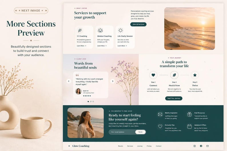 Life coach contact page preview with a simple form for messages, session booking, and location details, designed for easy client connections.