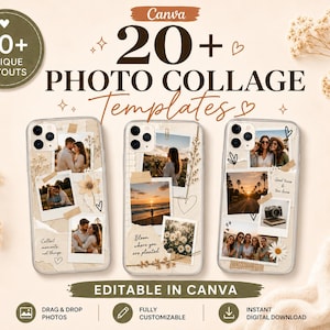 Op de afbeelding: Drie doorzichtige telefoonhoesjes met aanpasbare fotocollage-sjablonen met diverse snapshots, bloemenillustraties en handgeschreven tekst. De ontwerpen bevatten polaroid-stijl kaders, tape-accenten en hartjes, allemaal bewerkbaar in Canva.