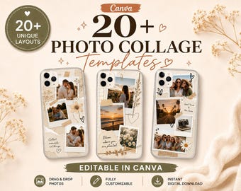 Más de 20 plantillas de collage de fotos para fundas de teléfono, diseño editable en Canva (descarga digital)