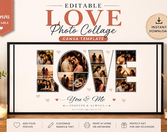 Editable Canva LOVE Photo Collage Template, Custom Couple Anniversary Gift (Digital Download)