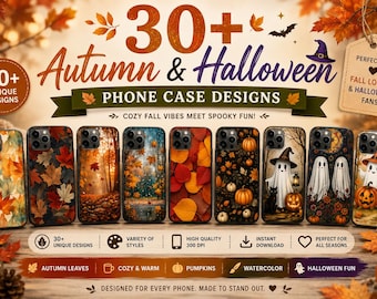 Autumn Halloween Phone Case Designs Bundle, Fall Leaves Pumpkin Ghost Watercolor (Digital Download)