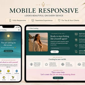 Professional coaching services layout and client testimonials section on a premium wellness website template, featuring minimalist neutral beach aesthetic design.