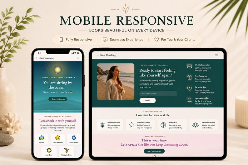 Professional coaching services layout and client testimonials section on a premium wellness website template, featuring minimalist neutral beach aesthetic design.