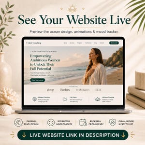 Live website preview mockup for life coach template, showcasing clickable demo badge with instruction to check the live website link available in Etsy description.