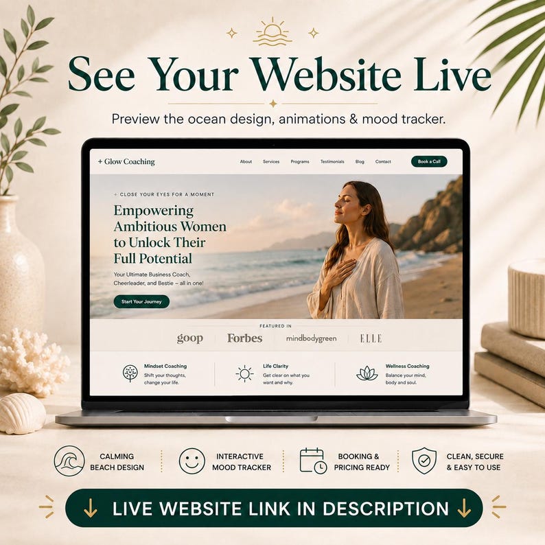 Live website preview mockup for life coach template, showcasing clickable demo badge with instruction to check the live website link available in Etsy description.