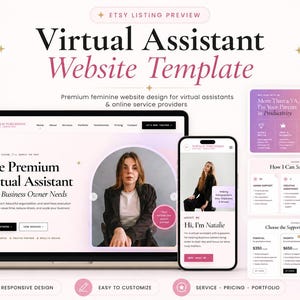 May include: An Etsy listing preview for a Virtual Assistant Website Template. The design is feminine, with a laptop and smartphone displaying website mockups. The text includes "The Premium Virtual Assistant" and service details.