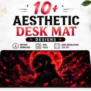 Pode incluir: Um tapete de mesa retangular com uma ilustração sombria de estilo anime de uma personagem com cabelo espetado contra uma grande lua vermelha e um céu nublado. O texto acima diz 10+ AESTHETIC DESK MAT DESIGNS, INSTANT DOWNLOAD, PNG FILES, 300 DPI.