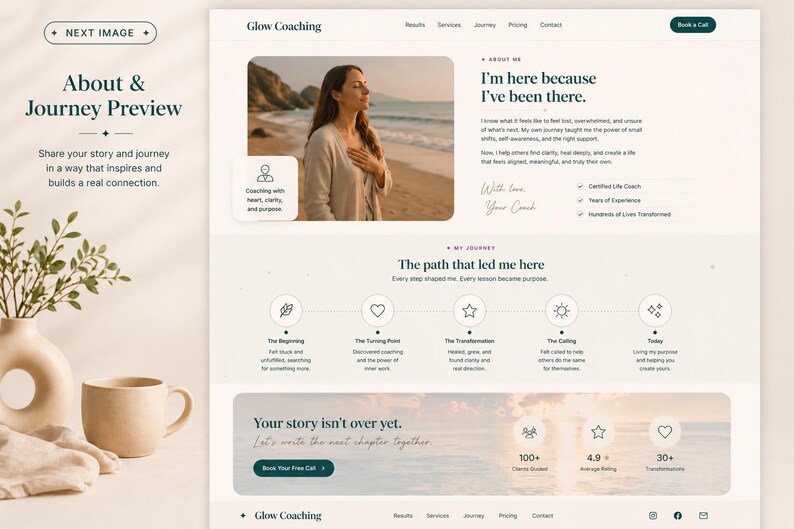 Life coach contact page preview with a simple form for messages, session booking, and location details, designed for easy client connections.