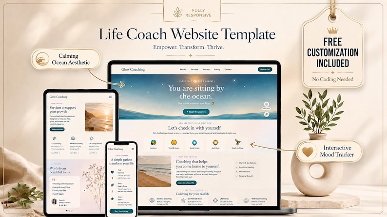 Life coach website template with calming ocean aesthetic, featuring free customization and no coding required, shown on laptop and mobile mockups for wellness coaches.