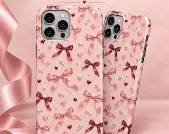 Phone Case PNG Design, Blush Bows Coquette Pink Pearl Heart Pattern, Custom Sublimation iPhone Case Template Digital Download