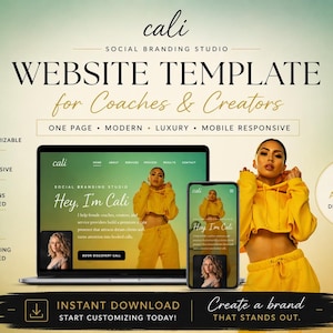 May include: A website template for coaches and creators, displayed on a laptop and smartphone. The design features a woman in a yellow outfit. Text includes "Website Template," "Fully Customizable," and "Instant Download."