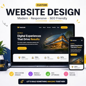 Puede incluir: Imagen promocional de servicios de diseño web. La imagen presenta un portátil y un smartphone que muestran una interfaz de sitio web. El texto incluye "WEBSITE DESIGN", "Modern, Responsive, SEO Friendly" y "Digital Experiences That Drive Results."