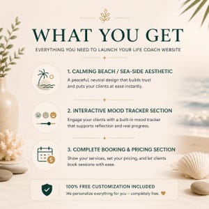 Professional coaching services layout and client testimonials section on a premium wellness website template, featuring minimalist neutral beach aesthetic design.