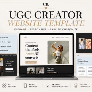 May include: A website template design with the text "UGC Creator Website Template." The design includes a laptop displaying a website layout, along with other website mockups. The design is elegant and responsive, with a modern editorial design.