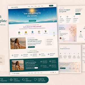 What is included in life coach website package showing beautiful booking form, client experience sections, and seamless third party scheduling link integration.