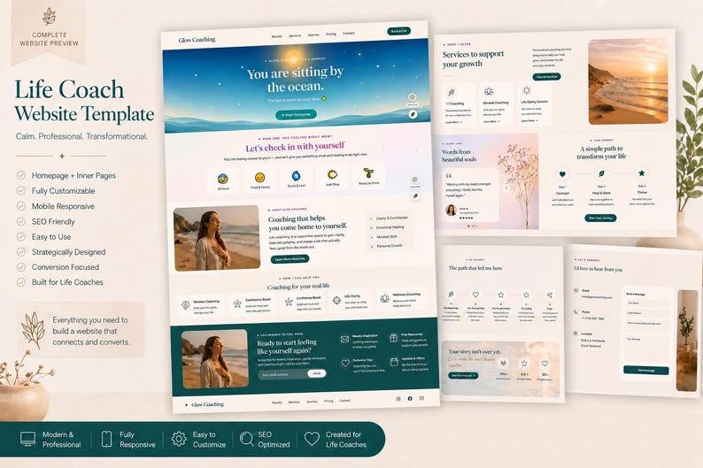 What is included in life coach website package showing beautiful booking form, client experience sections, and seamless third party scheduling link integration.