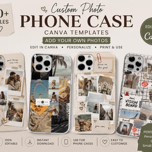 Puede incluir: Cuatro fundas para teléfono con plantillas de collage de fotos personalizables. Los diseños incluyen varias imágenes estilo polaroid, elementos de texto como 'good things take time' y 'vision board', y acentos gráficos. Son plantillas editables.