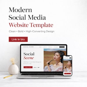 May include: A laptop and smartphone display a website template with the text "Modern Social Media Website Template." The design is described as clean, bold, and high-converting. A small vase and a gold pen are on the table.