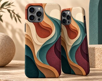 Phone Case PNG Design, Earthen Waves Abstract Boho Terracotta, Custom Sublimation iPhone Case Template Digital Download