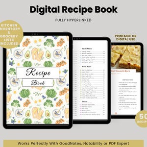 Könnte beinhalten: Digitales Rezeptbuch auf drei Tablets. Das erste Tablet zeigt ein Cover mit floralem Muster und dem Text „Recipe Book“. Das zweite Tablet zeigt ein Inhaltsverzeichnis. Das dritte Tablet zeigt ein Rezept für „Oat Crunch Bars“. Inklusive Kücheninventar und Einkaufslisten.