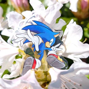 Könnte beinhalten: Ein blauer Acryl-Charm mit der Figur Sonic the Hedgehog. Der Charm zeigt Sonic in einer Laufpose mit weißen Handschuhen und roten und gelben Schuhen. Der Charm befindet sich vor einem Hintergrund aus weißen Blumen und grünem Laub.