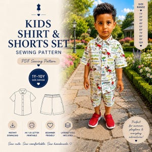 May include: A sewing pattern for a kids' shirt and shorts set, sized for ages 1 to 10 years. The image shows a child wearing the outfit, which is white with a colorful print. The pattern is a PDF download and is beginner-friendly.