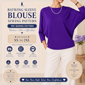 May include: A purple batwing sleeve blouse is shown in this image, paired with white trousers. The image also includes text that reads "Batwing Sleeve Blouse Sewing Pattern" and "XS to 2XL".