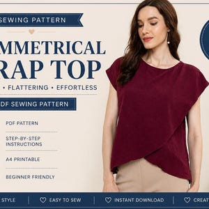 Op de afbeelding: Een bordeauxrode asymmetrische wikkel top, onderdeel van een naaipatroon. De afbeelding bevat de tekst "ASYMMETRICAL WRAP TOP" en "PDF SEWING PATTERN". Maten inbegrepen zijn S-3XL. Het ontwerp wordt beschreven als modern, flatterend en moeiteloos.