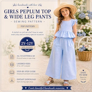Può includere: Modello di cucito per top peplo e pantaloni a gamba larga blu chiaro per ragazze, taglie 2Y-12Y. L'immagine mostra una bambina che indossa l'outfit. Facile da cucire, adatto ai principianti.