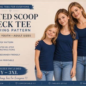 Fitted Scoop Neck Tee Sewing Pattern, Kids Youth Adult Sizes (PDF Download)