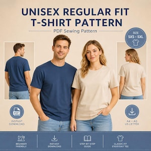 Patrón de costura para camiseta unisex de corte regular, camiseta básica, ideal para principiantes (descarga en PDF)