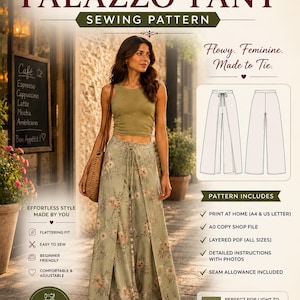 May include: A sewing pattern for wrap around palazzo trousers featuring a floral print on a sage green background. The pattern includes instructions for sizes XXS to 5XL, printable files for A4 and US letter paper, an A0 copy shop file, and layered PDFs.