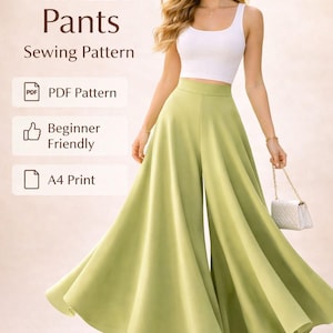 Può includere: Una donna indossa un top bianco e pantaloni palazzo verde chiaro. L'immagine include il testo "Palazzo Pants Sewing Pattern", "PDF Pattern", "Beginner Friendly" e "A4 Print".