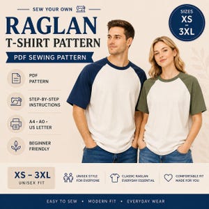 Könnte beinhalten: Ein Raglan-T-Shirt-Schnittmuster mit dem Text "Sew Your Own Raglan T-Shirt Pattern". Das Bild zeigt einen Mann und eine Frau, die Raglan-T-Shirts tragen. Das Muster ist in den Größen XS bis 3XL erhältlich. Das Muster ist ein PDF-Schnittmuster.