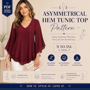 May include: Burgundy asymmetrical hem tunic top pattern with a V-neck and flowing sleeves. The image includes text that reads "S to 3XL sizes", "Beginner Friendly", and "Instant Download". The pattern is designed for a comfortable fit.