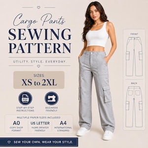 May include: A sewing pattern for cargo pants, with the text "Cargo Pants SEWING PATTERN". The pattern includes sizes XS to 2XL and is beginner-friendly. The image shows a woman wearing gray cargo pants.