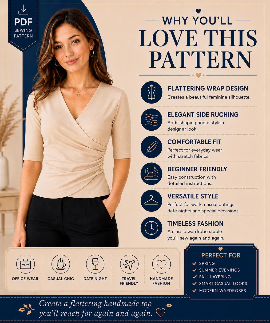 Wrap Top Sewing Pattern PDF, Women's Wrap Blouse Pattern, DIY Summer ...