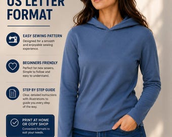 Slim Fit Unisex Hoodie Schnittmuster, ohne Tasche Pullover, anfängerfreundlich (PDF Download)