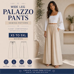 May include: A woman wearing beige palazzo pants. The image includes text that reads "WIDE LEG PALAZZO PANTS SEWING PATTERN" and "XS TO 5XL WOMEN". The text also says "FLOWY. COMFORTABLE. EFFORTLESS STYLE."