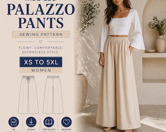 May include: A woman wearing beige palazzo pants. The image includes text that reads "WIDE LEG PALAZZO PANTS SEWING PATTERN" and "XS TO 5XL WOMEN". The text also says "FLOWY. COMFORTABLE. EFFORTLESS STYLE."