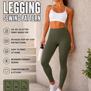 Puede incluir: Un patrón de costura para leggings de cintura alta con el texto HIGH WAIST LEGGING SEWING PATTERN, A4, A0, US LETTER PRINT-READY PDF, DETAILED STEP-BY-STEP INSTRUCTIONS, EASY TO PRINT AT HOME, BEGINNER FRIENDLY DESIGN, COMFORTABLE FIT & STYLISH.