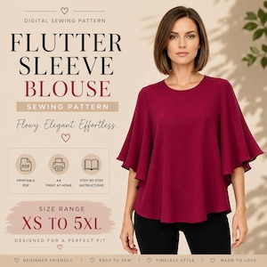 May include: A woman wearing a burgundy flutter sleeve blouse. The image is a digital sewing pattern advertisement. Text includes "Flutter Sleeve Blouse", "Flowy. Elegant. Effortless.", and size range "XS to 5XL".